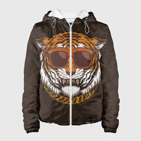 Женская куртка 3D с принтом Крутой тигр в очках с цепью в Екатеринбурге, ткань верха — 100% полиэстер, подклад — флис | прямой крой, подол и капюшон оформлены резинкой с фиксаторами, два кармана без застежек по бокам, один большой потайной карман на груди. Карман на груди застегивается на липучку | furry | tiger | восточный тигр | год тигра | голова | кошка | тигр | тигренок | фурри | хищник