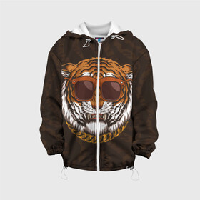 Детская куртка 3D с принтом Крутой тигр в очках с цепью в Екатеринбурге, 100% полиэстер | застежка — молния, подол и капюшон оформлены резинкой с фиксаторами, по бокам — два кармана без застежек, один потайной карман на груди, плотность верхнего слоя — 90 г/м2; плотность флисового подклада — 260 г/м2 | furry | tiger | восточный тигр | год тигра | голова | кошка | тигр | тигренок | фурри | хищник