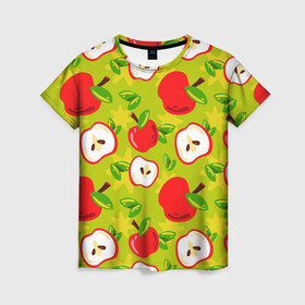 Женская футболка 3D с принтом Яблочки паттерн в Екатеринбурге, 100% полиэфир ( синтетическое хлопкоподобное полотно) | прямой крой, круглый вырез горловины, длина до линии бедер | apple | яблоки | яблоко | яблоня | яблочки