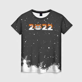 Женская футболка 3D с принтом Новый год 2022 - надпись 2022 в Екатеринбурге, 100% полиэфир ( синтетическое хлопкоподобное полотно) | прямой крой, круглый вырез горловины, длина до линии бедер | 2022 | год тигра | новый год | новый год 2022 | символ года | тигр | тигренок | тигрица | тигры