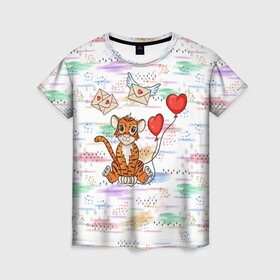 Женская футболка 3D с принтом Милый влюбленный тигренок 2022 в Екатеринбурге, 100% полиэфир ( синтетическое хлопкоподобное полотно) | прямой крой, круглый вырез горловины, длина до линии бедер | 2022 | год тигра | новый год | новый год 2022 | символ года | тигр | тигренок | тигрица | тигры