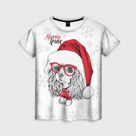 Женская футболка 3D с принтом Happy Christmas кокер спаниель в Екатеринбурге, 100% полиэфир ( синтетическое хлопкоподобное полотно) | прямой крой, круглый вырез горловины, длина до линии бедер | american | cap | christmas | cocker spaniel | happy christmas | knitted scarf | new year | purebred dog | red | santa claus | snowflakes | американский | вязаный шарф | кокер спаниель | колпак | красные | новый год | очки | породистая собака | р