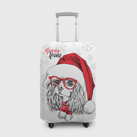 Чехол для чемодана 3D с принтом Happy Christmas кокер спаниель в Екатеринбурге, 86% полиэфир, 14% спандекс | двустороннее нанесение принта, прорези для ручек и колес | american | cap | christmas | cocker spaniel | happy christmas | knitted scarf | new year | purebred dog | red | santa claus | snowflakes | американский | вязаный шарф | кокер спаниель | колпак | красные | новый год | очки | породистая собака | р