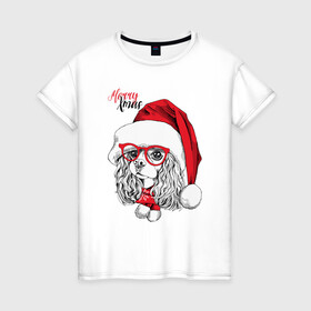 Женская футболка хлопок с принтом Happy Christmas американский кокер спаниель в Екатеринбурге, 100% хлопок | прямой крой, круглый вырез горловины, длина до линии бедер, слегка спущенное плечо | american | cap | christmas | cocker spaniel | happy christmas | knitted scarf | new year | purebred dog | red | santa claus | snowflakes | американский | вязаный шарф | кокер спаниель | колпак | красные | новый год | очки | породистая собака | р