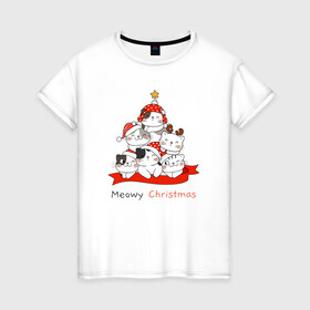 Женская футболка хлопок с принтом Елочка из котят в Екатеринбурге, 100% хлопок | прямой крой, круглый вырез горловины, длина до линии бедер, слегка спущенное плечо | cat | kitty | meow | дед мороз | елка | звезда | зима | киса | кискис | кот | котенок | кошка | мяу | новый год | рождество | снег | снежинка