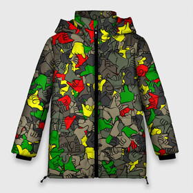 Женская зимняя куртка Oversize с принтом Раста-камуфляж в Екатеринбурге, верх — 100% полиэстер; подкладка — 100% полиэстер; утеплитель — 100% полиэстер | длина ниже бедра, силуэт Оверсайз. Есть воротник-стойка, отстегивающийся капюшон и ветрозащитная планка. 

Боковые карманы с листочкой на кнопках и внутренний карман на молнии | shaka | жест | камуфляж | милитари | паттерн | раста | рука | шака | ямайка