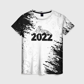 Женская футболка 3D с принтом Тигр отдыхает на цифре 2022. в Екатеринбурге, 100% полиэфир ( синтетическое хлопкоподобное полотно) | прямой крой, круглый вырез горловины, длина до линии бедер | 2022 | happy new year | merry christmas | год тигра | зима близко | нг | новогодний | новогодний тигр | новогодняя символика | новый год | новый год 2022 | рождество | символ 2022 года | снег | снежинки | тигр