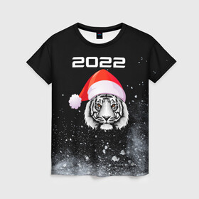 Женская футболка 3D с принтом Новогодний тигр 2022. в Екатеринбурге, 100% полиэфир ( синтетическое хлопкоподобное полотно) | прямой крой, круглый вырез горловины, длина до линии бедер | 2022 | happy new year | merry christmas | год тигра | зима близко | нг | новогодний | новогодний тигр | новогодняя символика | новый год | новый год 2022 | рождество | символ 2022 года | снег | снежинки | тигр