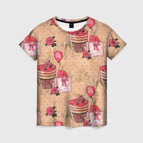 Женская футболка 3D с принтом Праздничное настроение - сюрприз в Екатеринбурге, 100% полиэфир ( синтетическое хлопкоподобное полотно) | прямой крой, круглый вырез горловины, длина до линии бедер | день рождения | коробки | новый год | подарки | праздник | сюрприз | шампанское
