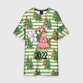 Детское платье 3D с принтом Милая тигрица с цветком в Екатеринбурге, 100% полиэстер | прямой силуэт, чуть расширенный к низу. Круглая горловина, на рукавах — воланы | 2022 | год тигра | новый год | новый год 2022 | символ года | тигр | тигренок | тигрица | тигры