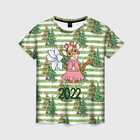 Женская футболка 3D с принтом Милая тигрица с цветком в Екатеринбурге, 100% полиэфир ( синтетическое хлопкоподобное полотно) | прямой крой, круглый вырез горловины, длина до линии бедер | 2022 | год тигра | новый год | новый год 2022 | символ года | тигр | тигренок | тигрица | тигры