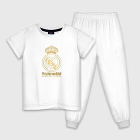 Детская пижама хлопок с принтом Real Madrid gold logo в Екатеринбурге, 100% хлопок |  брюки и футболка прямого кроя, без карманов, на брюках мягкая резинка на поясе и по низу штанин
 | gold logo | madrid | rael madrid | real | spain | золотая эмблема | золотой логотип | испания | королевский клуб | ла лига | лига чемпионов | мадрид | реал | реал мадрид | сливочные | футбол | чемпионат испании