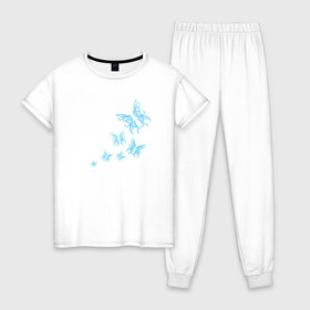 Женская пижама хлопок с принтом Неоновые бабочки Cotton Theme в Екатеринбурге, 100% хлопок | брюки и футболка прямого кроя, без карманов, на брюках мягкая резинка на поясе и по низу штанин | бабочки | крылья | легкость | насековые | неон | ночные | полет | природа | светящиеся