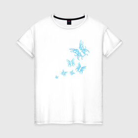 Женская футболка хлопок с принтом Неоновые бабочки Cotton Theme в Екатеринбурге, 100% хлопок | прямой крой, круглый вырез горловины, длина до линии бедер, слегка спущенное плечо | Тематика изображения на принте: бабочки | крылья | легкость | насековые | неон | ночные | полет | природа | светящиеся