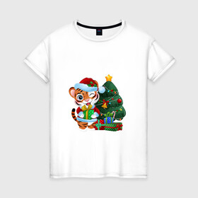 Женская футболка хлопок с принтом Тигрины подарки в Екатеринбурге, 100% хлопок | прямой крой, круглый вырез горловины, длина до линии бедер, слегка спущенное плечо | new year | арт | графика | елка | зима | новый год | рождество | тигр