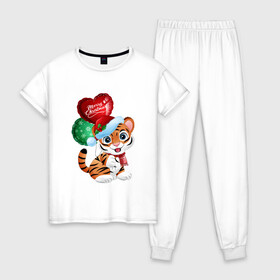 Женская пижама хлопок с принтом Тигрин шарик в Екатеринбурге, 100% хлопок | брюки и футболка прямого кроя, без карманов, на брюках мягкая резинка на поясе и по низу штанин | new year | арт | графика | зима | новый год | рождество