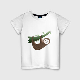 Детская футболка хлопок с принтом Ленивец на ветке в Екатеринбурге, 100% хлопок | круглый вырез горловины, полуприлегающий силуэт, длина до линии бедер | джунгли | животное | животные | звери | зверь | ленивец | тропики | экзотика