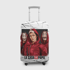 Чехол для чемодана 3D с принтом СЕРИАЛ БУМАЖНЫЙ ДОМ LA CASA DE PAPEL BELLA CIAO в Екатеринбурге, 86% полиэфир, 14% спандекс | двустороннее нанесение принта, прорези для ручек и колес | bella ciao | la casa de papel | бумажный дом | ла каса де | ла каса де папель | ла каса де пепел | лакаса | сериал | фильм