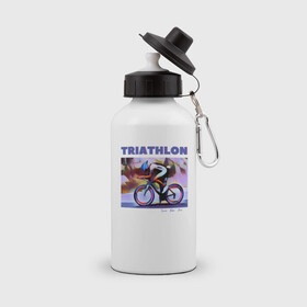 Бутылка спортивная с принтом Триспорт в Екатеринбурге, металл | емкость — 500 мл, в комплекте две пластиковые крышки и карабин для крепления | Тематика изображения на принте: bike | run | swim | triathlon | triatlon | бег | велогонщик | велоспорт | выносливость | картина | краска | плавание | триатлон