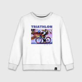 Детский свитшот хлопок с принтом Триспорт в Екатеринбурге, 100% хлопок | круглый вырез горловины, эластичные манжеты, пояс и воротник | bike | run | swim | triathlon | triatlon | бег | велогонщик | велоспорт | выносливость | картина | краска | плавание | триатлон