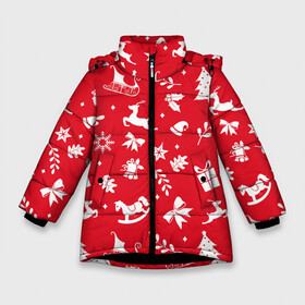 Зимняя куртка для девочек 3D с принтом Паттерн новогодней атрибутики в Екатеринбурге, ткань верха — 100% полиэстер; подклад — 100% полиэстер, утеплитель — 100% полиэстер. | длина ниже бедра, удлиненная спинка, воротник стойка и отстегивающийся капюшон. Есть боковые карманы с листочкой на кнопках, утяжки по низу изделия и внутренний карман на молнии. 

Предусмотрены светоотражающий принт на спинке, радужный светоотражающий элемент на пуллере молнии и на резинке для утяжки. | 2022 | newyear | новыйгод | праздник | праздники