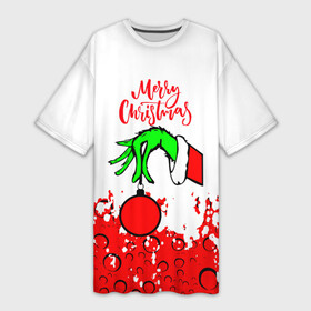 Платье-футболка 3D с принтом Merry Christmas Grinch в Екатеринбурге,  |  | Тематика изображения на принте: 2022 | grinch | happy new year | merry christmas | год тигра | гринч | зима близко | нг | новогодний | новый год | новый год 2022 | рождество | снег | снежинки