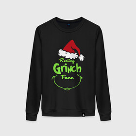 Женский свитшот хлопок с принтом Resting Grinch Face. в Екатеринбурге, 100% хлопок | прямой крой, круглый вырез, на манжетах и по низу широкая трикотажная резинка  | Тематика изображения на принте: 2022 | grinch | happy new year | merry christmas | год тигра | гринч | зима близко | нг | новогодний | новый год | новый год 2022 | рождество | снег | снежинки