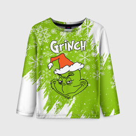 Детский лонгслив 3D с принтом Grinch Green. в Екатеринбурге, 100% полиэстер | длинные рукава, круглый вырез горловины, полуприлегающий силуэт
 | 2022 | grinch | happy new year | merry christmas | год тигра | гринч | зима близко | нг | новогодний | новый год | новый год 2022 | рождество | снег | снежинки