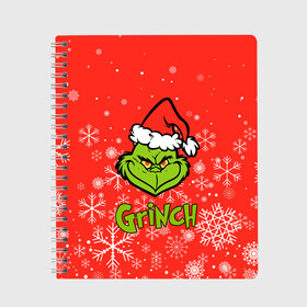 Тетрадь с принтом Grinch Red. в Екатеринбурге, 100% бумага | 48 листов, плотность листов — 60 г/м2, плотность картонной обложки — 250 г/м2. Листы скреплены сбоку удобной пружинной спиралью. Уголки страниц и обложки скругленные. Цвет линий — светло-серый
 | Тематика изображения на принте: 2022 | grinch | happy new year | merry christmas | год тигра | гринч | зима близко | нг | новогодний | новый год | новый год 2022 | рождество | снег | снежинки