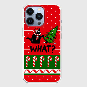 Чехол для iPhone 13 Pro с принтом WHAT | КОТИК | CAT в Екатеринбурге,  |  | Тематика изображения на принте: 2020 | 2021 | 2022 | christmas | merry | what | елка | кот | леденец | нг | новогодний | новый год | паттерн | рождество | свитер | снежинки | узор | узоры | шишки