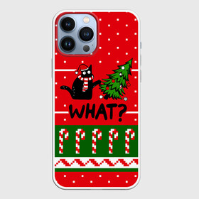 Чехол для iPhone 13 Pro Max с принтом WHAT | КОТИК | CAT в Екатеринбурге,  |  | Тематика изображения на принте: 2020 | 2021 | 2022 | christmas | merry | what | елка | кот | леденец | нг | новогодний | новый год | паттерн | рождество | свитер | снежинки | узор | узоры | шишки
