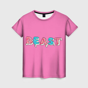 Женская футболка 3D с принтом Mr Beast Donut (Pink edition) в Екатеринбурге, 100% полиэфир ( синтетическое хлопкоподобное полотно) | прямой крой, круглый вырез горловины, длина до линии бедер | arts | mr beast | mrbeast | youtube | арты | блогеры | мистер бист | прикольные надписи | ютуб | ютуберы