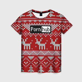 Женская футболка 3D с принтом Porn Hub новогодний в Екатеринбурге, 100% полиэфир ( синтетическое хлопкоподобное полотно) | прямой крой, круглый вырез горловины, длина до линии бедер | deer | holiday | new year | pattern | новый год | олень | праздник | узор