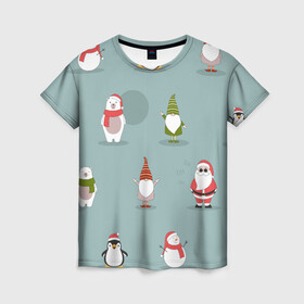 Женская футболка 3D с принтом Новый Гoд в Екатеринбурге, 100% полиэфир ( синтетическое хлопкоподобное полотно) | прямой крой, круглый вырез горловины, длина до линии бедер | 2022 | гном | год | дед | зима | мишка | мороз | новый | пингвин | праздик | рождество | снеговик | узор
