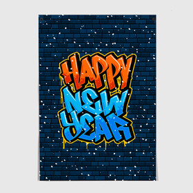 Постер с принтом С Новым Годом граффити / Happy New Year graffiti в Екатеринбурге, 100% бумага
 | бумага, плотность 150 мг. Матовая, но за счет высокого коэффициента гладкости имеет небольшой блеск и дает на свету блики, но в отличии от глянцевой бумаги не покрыта лаком | graffiti | wall | граффити | зима | новый год | рождество | снег | снежинка | стена