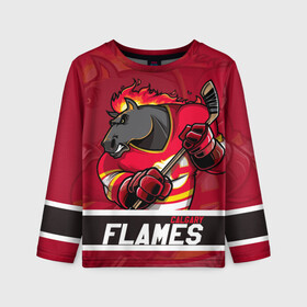 Детский лонгслив 3D с принтом Калгари Флэймз Calgary Flames в Екатеринбурге, 100% полиэстер | длинные рукава, круглый вырез горловины, полуприлегающий силуэт
 | Тематика изображения на принте: calgary | calgary flames | flames | hockey | nhl | usa | калгари | калгари флэймз | нхл | спорт | сша | флэймз | хоккей | шайба