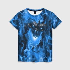 Женская футболка 3D с принтом Дракон в синем пламени Dragon in blue flame в Екатеринбурге, 100% полиэфир ( синтетическое хлопкоподобное полотно) | прямой крой, круглый вырез горловины, длина до линии бедер | dragon | дракон | миф | монстр | огонь | пламя | фэнтези