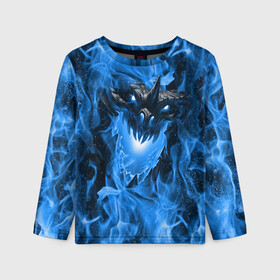 Детский лонгслив 3D с принтом Дракон в синем пламени Dragon in blue flame в Екатеринбурге, 100% полиэстер | длинные рукава, круглый вырез горловины, полуприлегающий силуэт
 | Тематика изображения на принте: dragon | дракон | миф | монстр | огонь | пламя | фэнтези