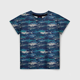Детская футболка 3D с принтом Хищные Акулы в Екатеринбурге, 100% гипоаллергенный полиэфир | прямой крой, круглый вырез горловины, длина до линии бедер, чуть спущенное плечо, ткань немного тянется | fish | ocean | predator | shark | white shark | акула | белая акула | зубы | море | морской хищник | океан | рыба | хищная рыба | хищник