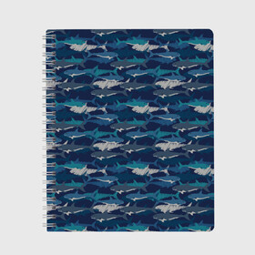 Тетрадь с принтом Хищные Акулы в Екатеринбурге, 100% бумага | 48 листов, плотность листов — 60 г/м2, плотность картонной обложки — 250 г/м2. Листы скреплены сбоку удобной пружинной спиралью. Уголки страниц и обложки скругленные. Цвет линий — светло-серый
 | Тематика изображения на принте: fish | ocean | predator | shark | white shark | акула | белая акула | зубы | море | морской хищник | океан | рыба | хищная рыба | хищник