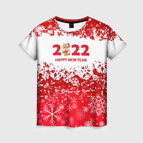 Женская футболка 3D с принтом Happy New Year 2022. в Екатеринбурге, 100% полиэфир ( синтетическое хлопкоподобное полотно) | прямой крой, круглый вырез горловины, длина до линии бедер | 2022 | happy new year | merry christmas | год тигра | зима близко | нг | новогодний | новогодний тигр | новый год | новый год 2022 | рождество | символ 2022 года | снег | снежинки | тигр