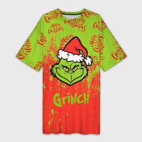 Платье-футболка 3D с принтом Grinch Merry Christmas. в Екатеринбурге,  |  | Тематика изображения на принте: 2022 | grinch | happy new year | merry christmas | год тигра | гринч | зима близко | нг | новогодний | новый год | новый год 2022 | рождество | снег | снежинки