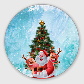 Круглый коврик для мышки с принтом Санта и олени в Екатеринбурге, резина и полиэстер | круглая форма, изображение наносится на всю лицевую часть | new year | арт | графика | дед мороз | елка | зима | новый год | олени | рождество | санта