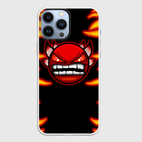 Чехол для iPhone 13 Pro Max с принтом Geometry Dash Smiley demon в Екатеринбурге,  |  | Тематика изображения на принте: angry | crazy | demon | devil | evil | fire | geometry dash | icons | robtop | smile | геомерия даш | геометри деш | геометри дэш | геометрия дэш | демон | злой смайл | игра геометрия дэш | иконки | огненный | огонь | пламя | платформер