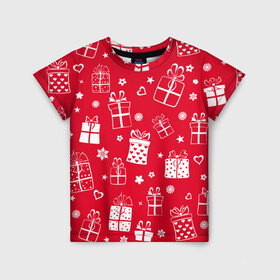 Детская футболка 3D с принтом Новогодние подарки на красном фоне в Екатеринбурге, 100% гипоаллергенный полиэфир | прямой крой, круглый вырез горловины, длина до линии бедер, чуть спущенное плечо, ткань немного тянется | Тематика изображения на принте: 2021 | 2022 | christmas | merry | merry christmas | new year | snow | sweater | ugly christmas | winter | year of the tiger | год тигра | зима | короб | новогодний | новогодняя | новый год | подарки | рождественский | рождественский свитер 
