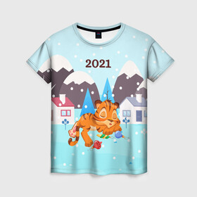 Женская футболка 3D с принтом Спящий тигренок в ожидании нового года в Екатеринбурге, 100% полиэфир ( синтетическое хлопкоподобное полотно) | прямой крой, круглый вырез горловины, длина до линии бедер | 2022 | год тигра | новый год | новый год 2022 | символ года | тигр | тигренок | тигрица | тигры