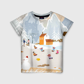 Детская футболка 3D с принтом Зимние Забавы 2022 в Екатеринбурге, 100% гипоаллергенный полиэфир | прямой крой, круглый вырез горловины, длина до линии бедер, чуть спущенное плечо, ткань немного тянется | Тематика изображения на принте: 2022 | год | дед | дети | зима | коньки | мороз. | новый | праздники | радость | рождество | санки | санта | снег | счастливого