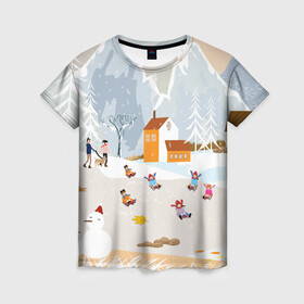 Женская футболка 3D с принтом Зимние Забавы 2022 в Екатеринбурге, 100% полиэфир ( синтетическое хлопкоподобное полотно) | прямой крой, круглый вырез горловины, длина до линии бедер | 2022 | год | дед | дети | зима | коньки | мороз. | новый | праздники | радость | рождество | санки | санта | снег | счастливого
