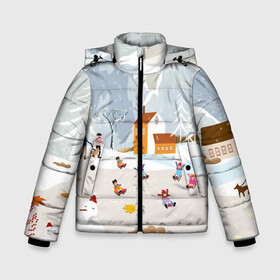 Зимняя куртка для мальчиков 3D с принтом Зимние Забавы 2022 в Екатеринбурге, ткань верха — 100% полиэстер; подклад — 100% полиэстер, утеплитель — 100% полиэстер | длина ниже бедра, удлиненная спинка, воротник стойка и отстегивающийся капюшон. Есть боковые карманы с листочкой на кнопках, утяжки по низу изделия и внутренний карман на молнии. 

Предусмотрены светоотражающий принт на спинке, радужный светоотражающий элемент на пуллере молнии и на резинке для утяжки | Тематика изображения на принте: 2022 | год | дед | дети | зима | коньки | мороз. | новый | праздники | радость | рождество | санки | санта | снег | счастливого