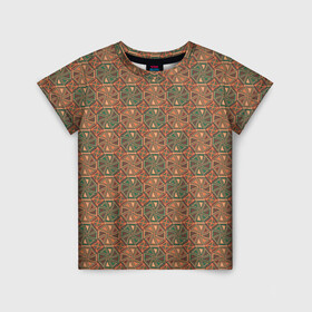Детская футболка 3D с принтом Абстракция из зеленых и оранжевых восьмиугольников в Екатеринбурге, 100% гипоаллергенный полиэфир | прямой крой, круглый вырез горловины, длина до линии бедер, чуть спущенное плечо, ткань немного тянется | abstraction | circle | polygons | shapes | square | абстрактное искусство | абстракция | винтаж | зеленый | знак | искусство | квадрат | коричневый | красочный | круг | многоугольники | оранжевый | ретро | символ | стиль